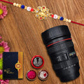 Mens (K1_6_m720) Multicolor Om Diamonds Beads Gold Color Rakhi Combo With Camera Lens Coffee Mug Silver Color Pooja Coin  Greeting Card  New Rakhi Collection  Set Of 1