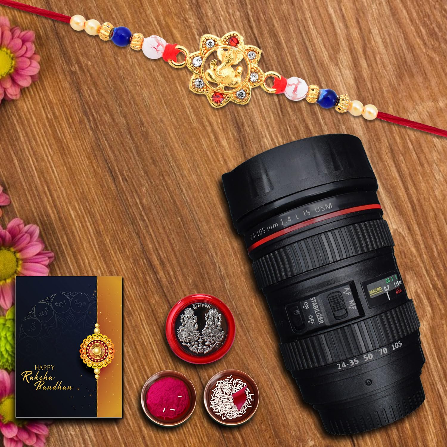 Mens (K1_6_m720) Multicolor Om Diamonds Beads Gold Color Rakhi Combo With Camera Lens Coffee Mug Silver Color Pooja Coin  Greeting Card  New Rakhi Collection  Set Of 1