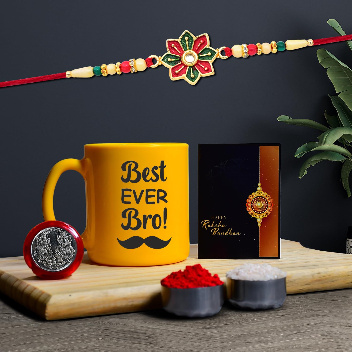 Rakhi Combo (K1_558_ytm) Plastic Unbrekable Tea  Milk  Coffee Mug (Yellow Best Ever Bro Mug) With Pooja Coin  Greeting Card Rakhi Set Rakhi Mug Rakhi For Brother With Mug Rakhi Mug For Brother Rakhi For Brother With Coffee Mug Rakhi With